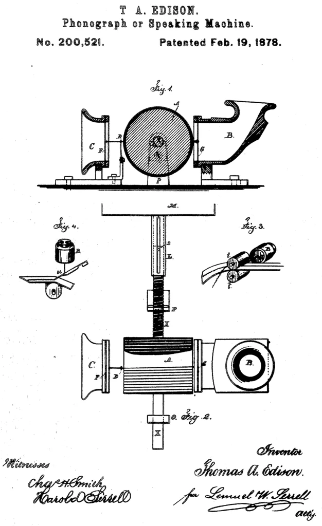 Patente del fonógrafo, patentado por Thomas Alba Edison en 1878. Este tipo de creaciones involucran propiedad industrial.