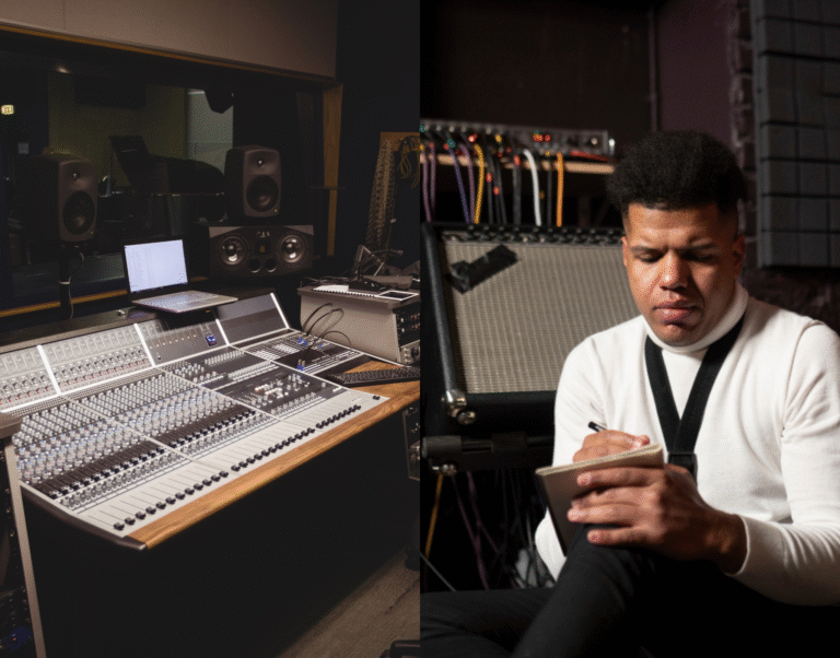 Two images in contrast: a music studio console and a songwriter with a notebook writing lyrics