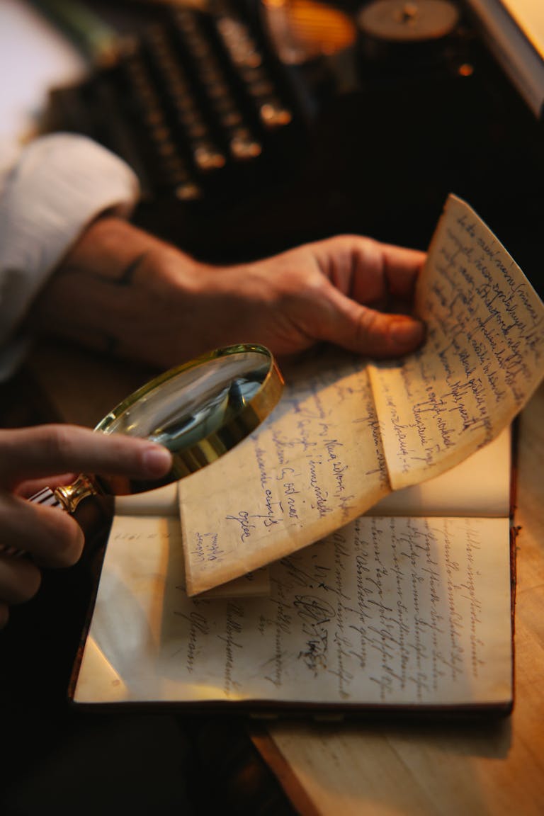 Close-up of a person inspecting a vintage handwritten letter with a magnifying glass.