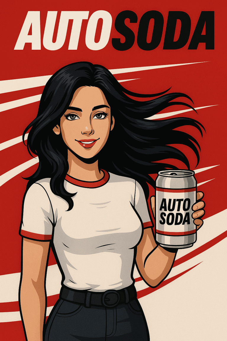 Young woman holding a can of AUTOSODA, a fictional trademark