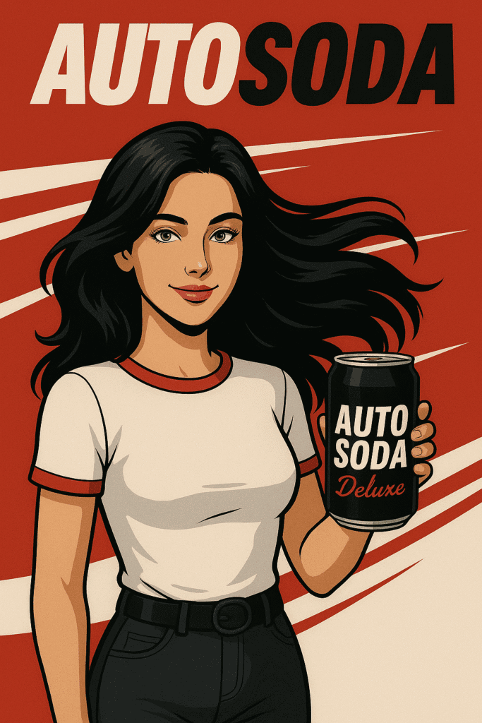 Young woman holding a can of AUTOSODA Deluxe, a fictional trademark