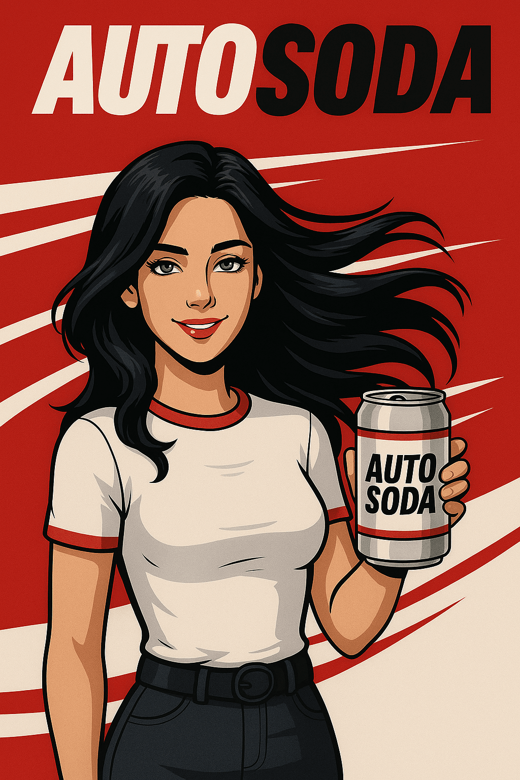 Young woman holding a can of AUTOSODA, a fictional trademark