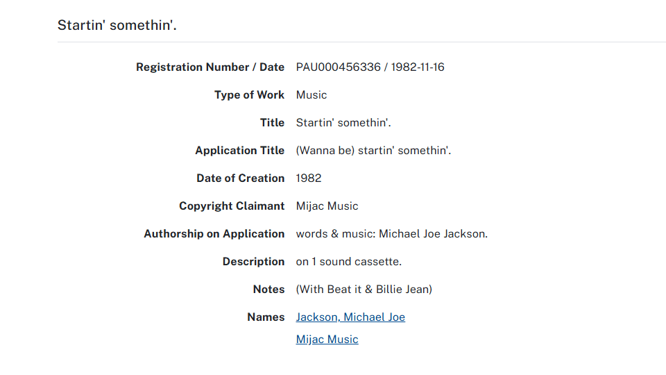 Screenshot del registro de Wanna be Startin' Somethin' que es la primera pista de Thriller.