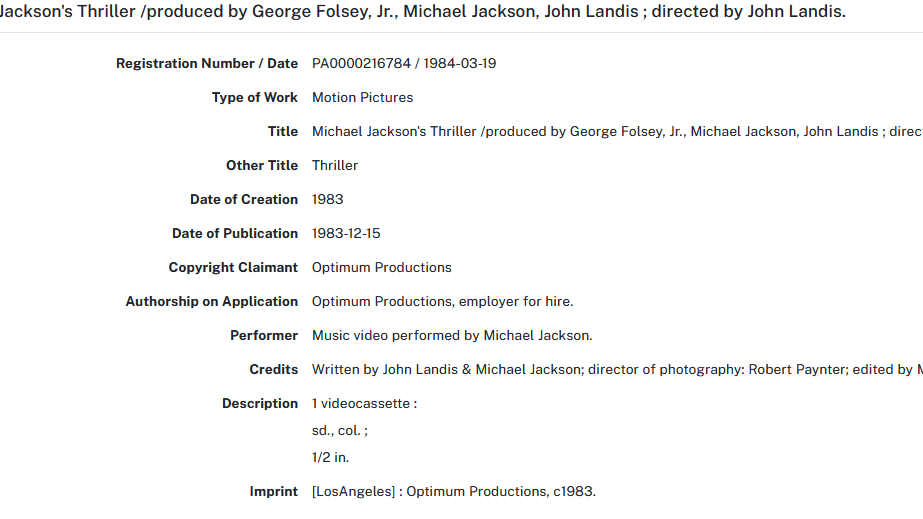 Screenshot del registro del video musical de Thriller