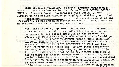 Imagen de uno de los contratos celebrados por los actores de Thriller con la productora Optimum