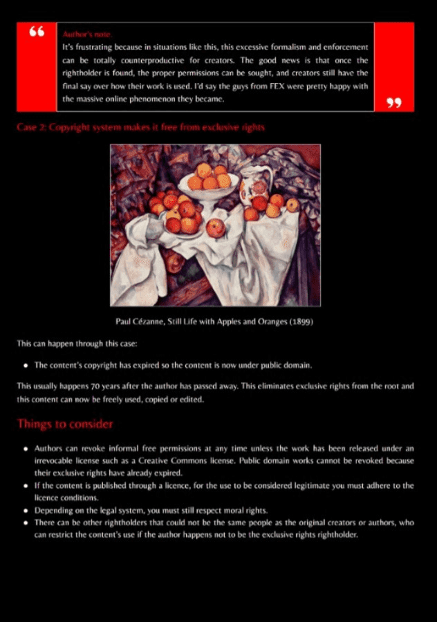 Captura de pantalla de "Copyright free content: a guide made for creators" con un cuadro de Cezanne en primer plano