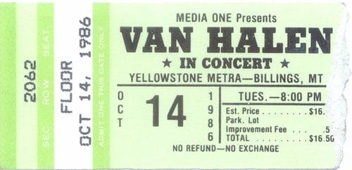 Ticket para ir a ver a Van Halen. La banda solía tener peticiones contractuales extrañas como pedir un bowl sin M&Ms color café.