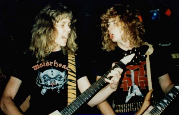 James Hetfield with Dave Mustaine playing with Metallica as bandmates in the early eighties.