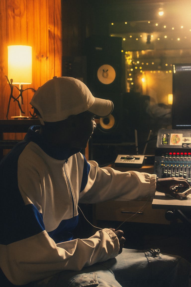 Productor musical trabajando en el estudio con luces cálidas mientras viste una gorra y una jacket deportiva.