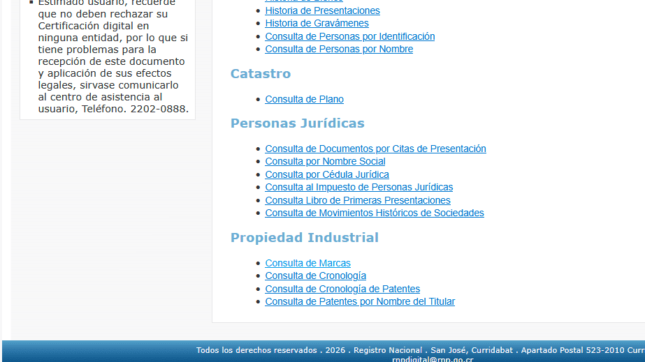 Captura de pantalla de la página de Consultas y Certificaciones del Registro Nacional