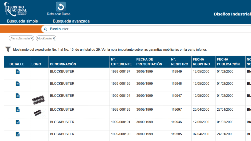 Ejemplo de búsqueda en WIPO Publish Costa Rica 1.5a con la marca BLOCKBUSTER