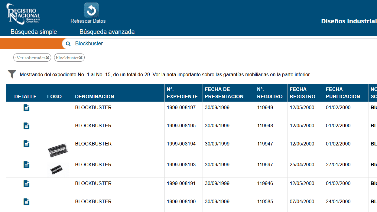 Ejemplo de búsqueda en WIPO Publish Costa Rica 1.5a con la marca BLOCKBUSTER